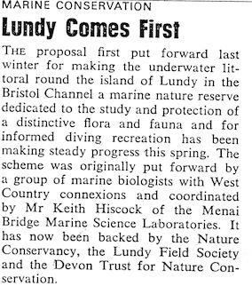 Cutting from Nature (28 May 1971) publicising Britain’s first marine nature reserve.