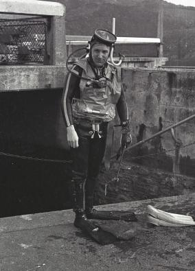 A young Keith Hiscock, an undergraduate at Westfield College, London, after a dive off Ilfracombe Pier, 1969.