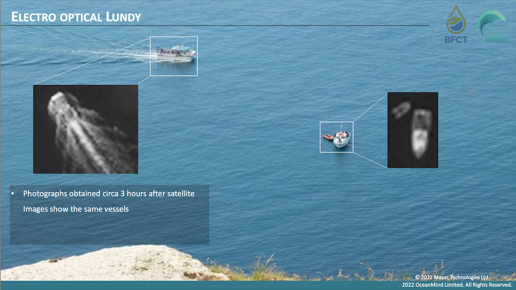 Black & white satellite images taken of two vessels within the Lundy MPA, with their identities confirmed by the colour (background) photograph, taken some three hours later from the island [2022 Maxar Technologies Ltd. & 2022 OceanMind Ltd.]
