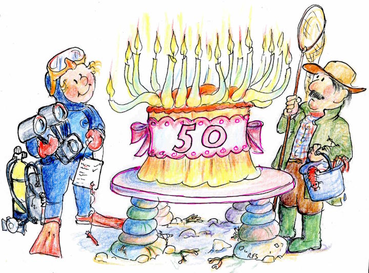 A sunset cup coral birthday cake in celebration of the MPA’s 50th anniversary. Illustration by Bob Foster-Smith