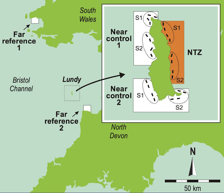 The location of sites at Lundy (inside and outside the NTZ) and as control sites in NW Devon and SW Wales &copy; Miles Hoskin